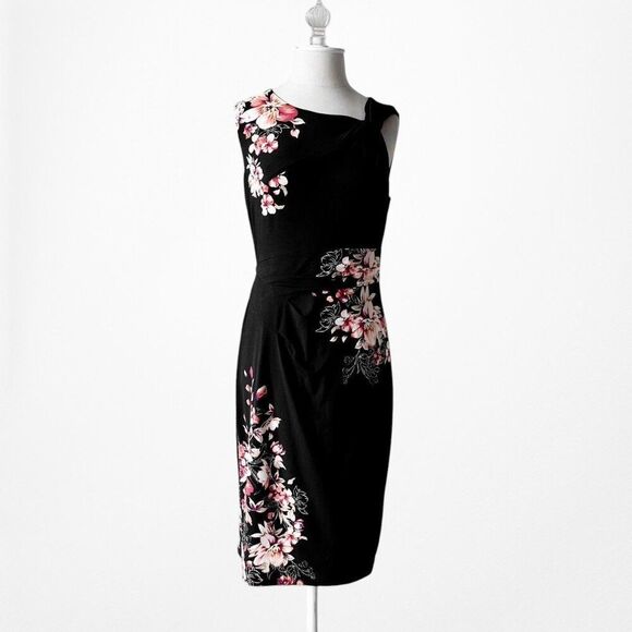Vintage Y2K Black Knit Floral Print Knee Length Bodycon Cocktail Dress Size M - Picture 3 of 6
